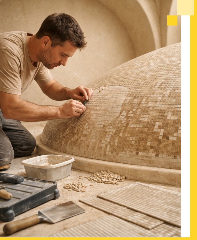 Профессиональная укладка мозаики для хамама под ключ в Таре